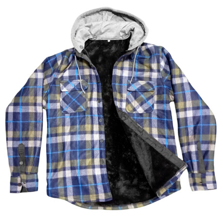 Campera Camisa Leñadora Cangurito Capucha Botones Azul Gris