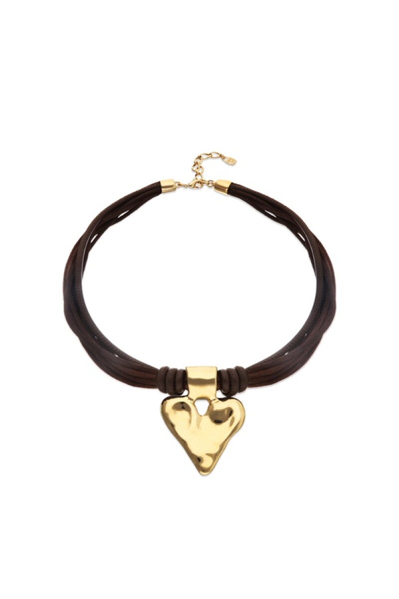 COLLAR MEZCLA DE HILO DE SEDA CON CUERO MARRÓN OSCURO Y DETALLE DE CORAZÓN BAÑADO EN ORO 18K - Colgante 
