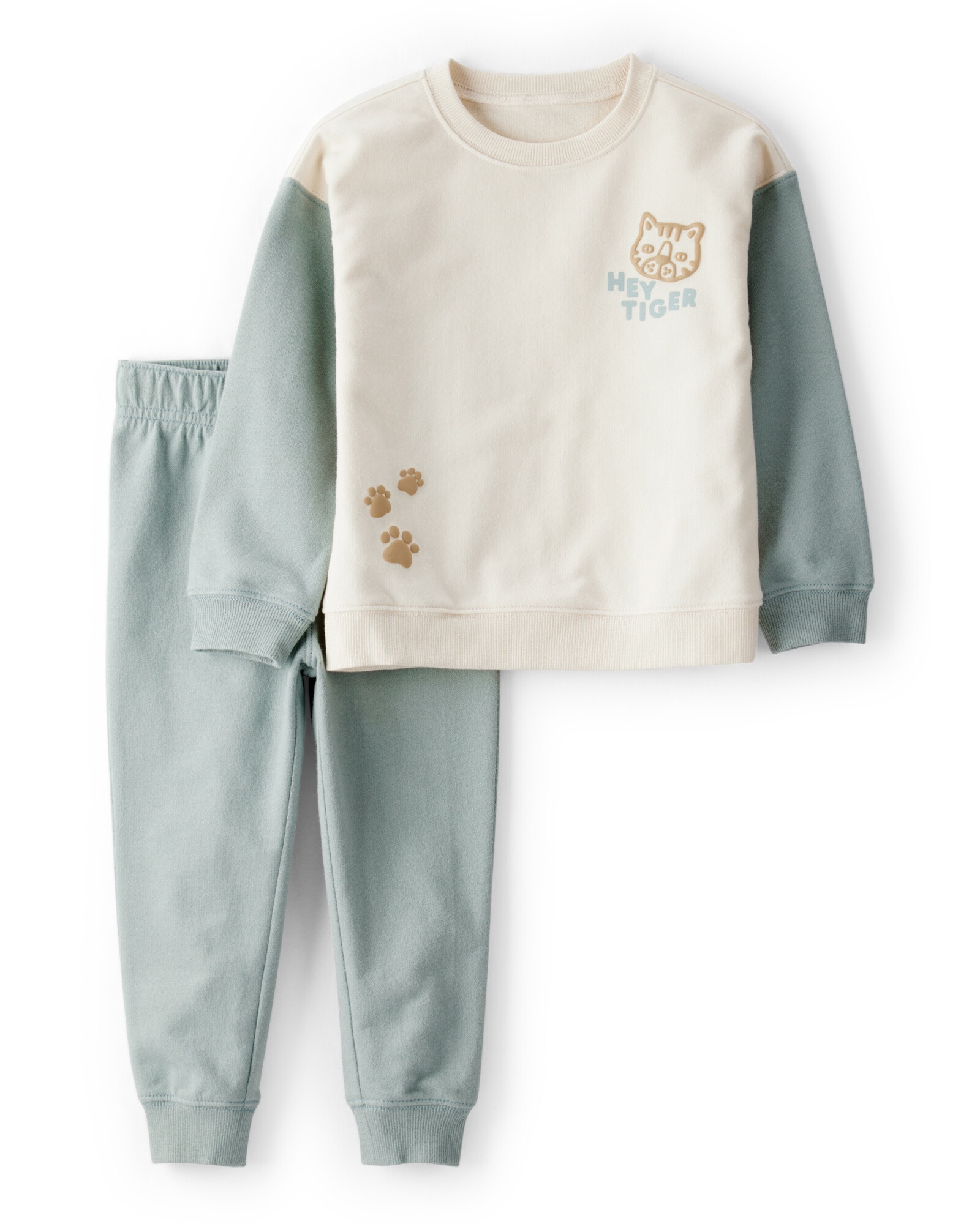 Set dos piezas de algodón, pantalón y buzo, azul y crema, estampa tigre. Talles 2-5T Set dos piezas de algodón, pantalón y buzo, azul y crema, estampa tigre. Talles 2-5T