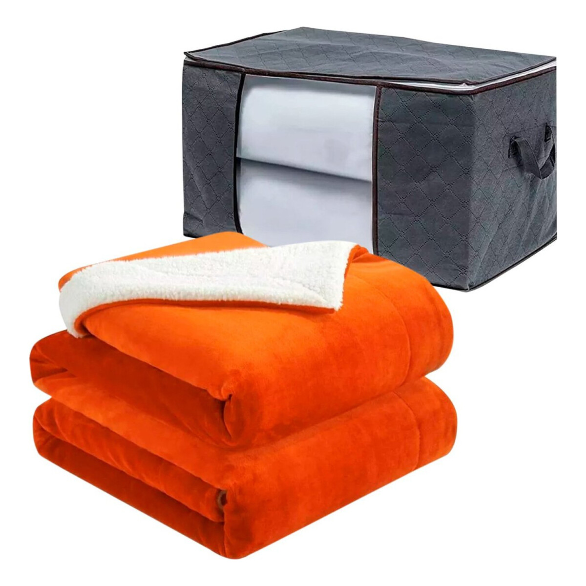 Pack Organizador Guarda Manta + Frazada Acolchado 2 Plazas - Variante Color Naranja Gris 