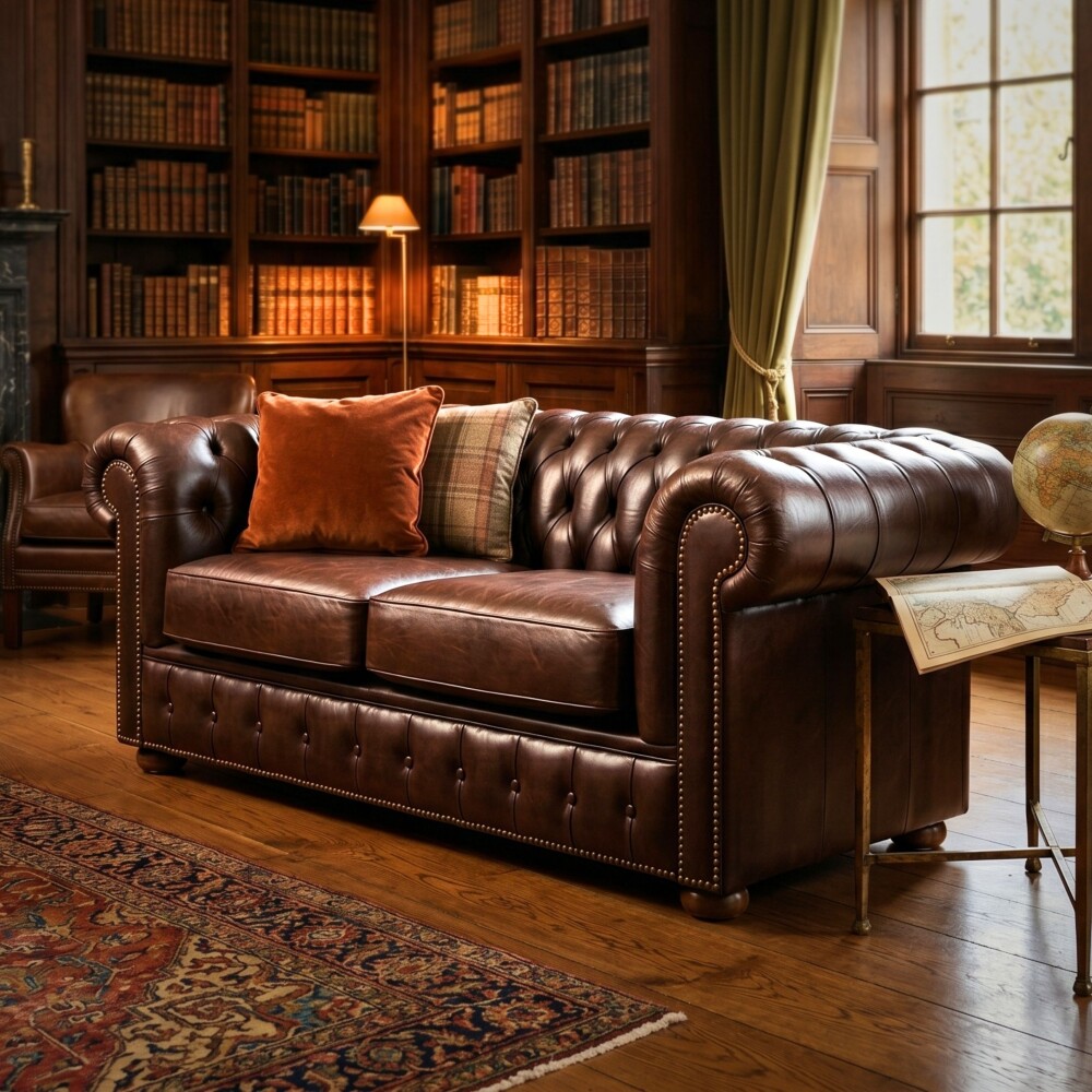 Sillón 100% Cuero - 2 Cuerpos - Chesterfield Caramelo