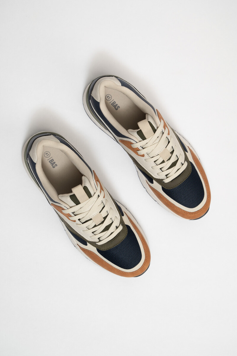 Zapatilla acordonada beige, y Azul