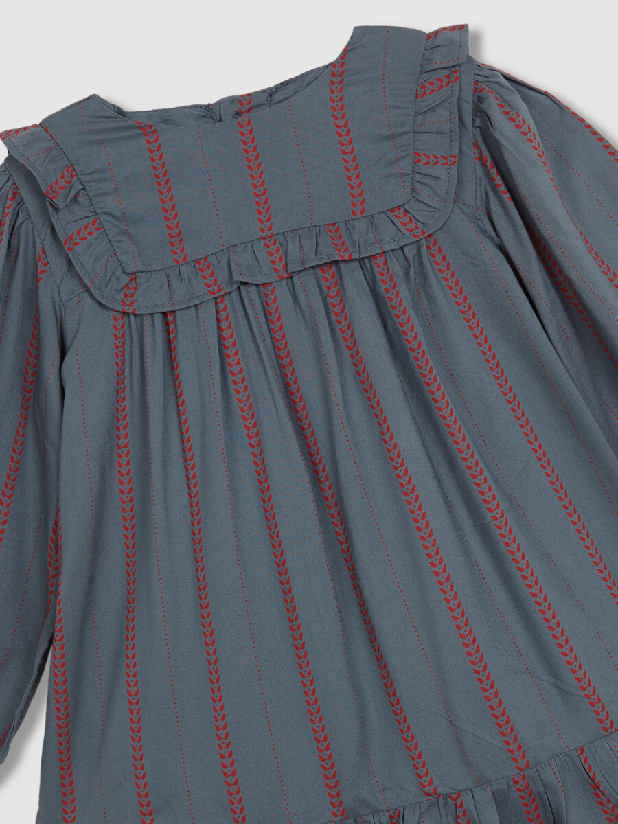 Vestido Con Volante En Pecho Y Bajo Estapado Zigzag Rojo Oscuro