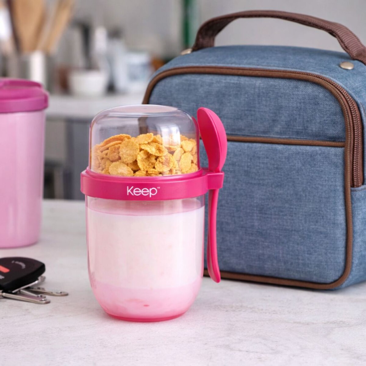 Tupper para Yogur y Snack con Doble Compartimento y Cuchara - Rosa 