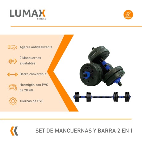 Set 2 Mancuernas Lumax + Barra 2 En 1 + 20kg Discos Pesas Azul