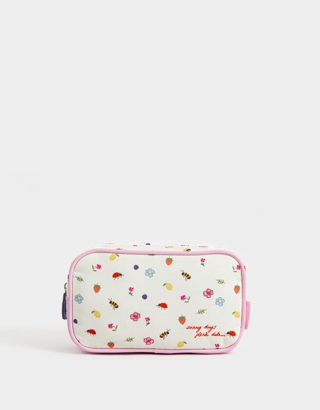 Cartucheras PU Cartuchera De Pu Estampada Y Bordada Con Bolsillo - Blanco Crema