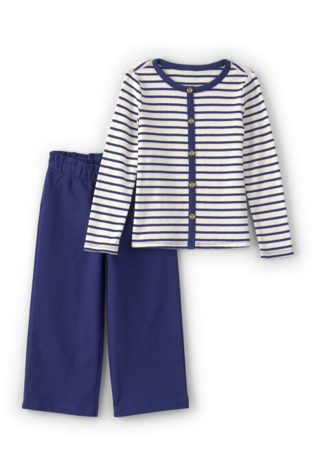 Set dos piezas de algodón, pantalón azul y buzo a rayas Set dos piezas de algodón, pantalón azul y buzo a rayas
