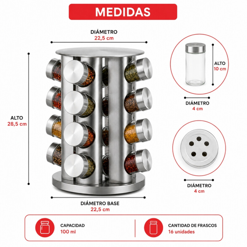 Especiero redondo giratorio 16 frascos PLATEADO