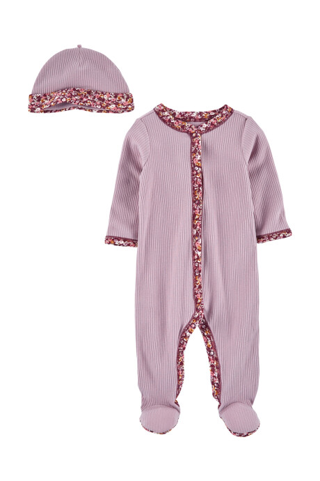 Pijama una pieza con pie y gorro dobladillo floral 0