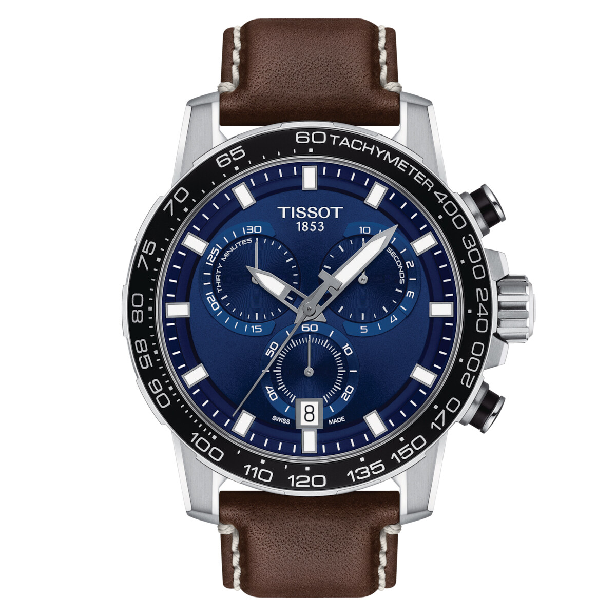 Reloj Tissot SUPERSPORT CHRONO esfera azul y correa marrón 