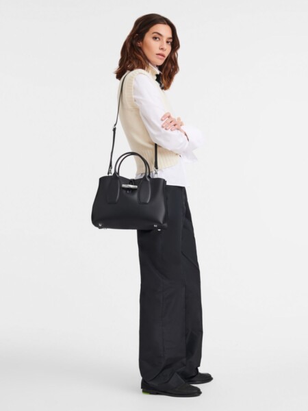 Longchamp -Cartera de cuero M con correa extraible, LE ROSEAU Negro
