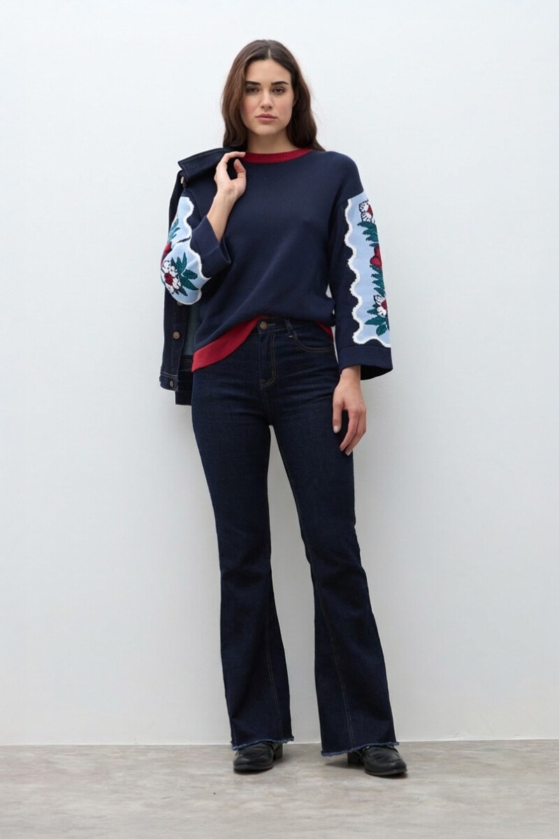 Sweater jacquard floral nativa - azul marino 