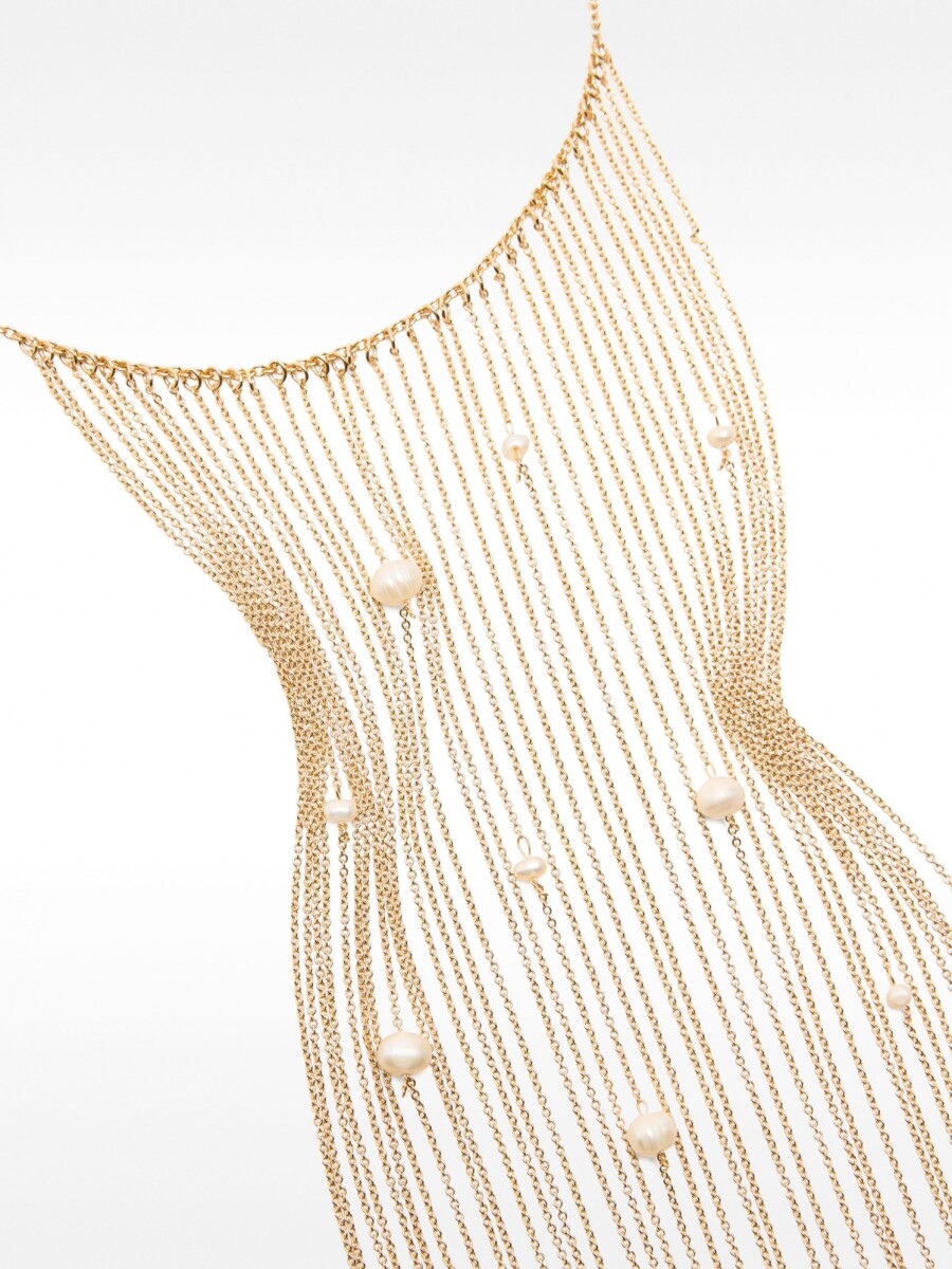 Collar Con Flecos Perlas De Agua Dulce dorado