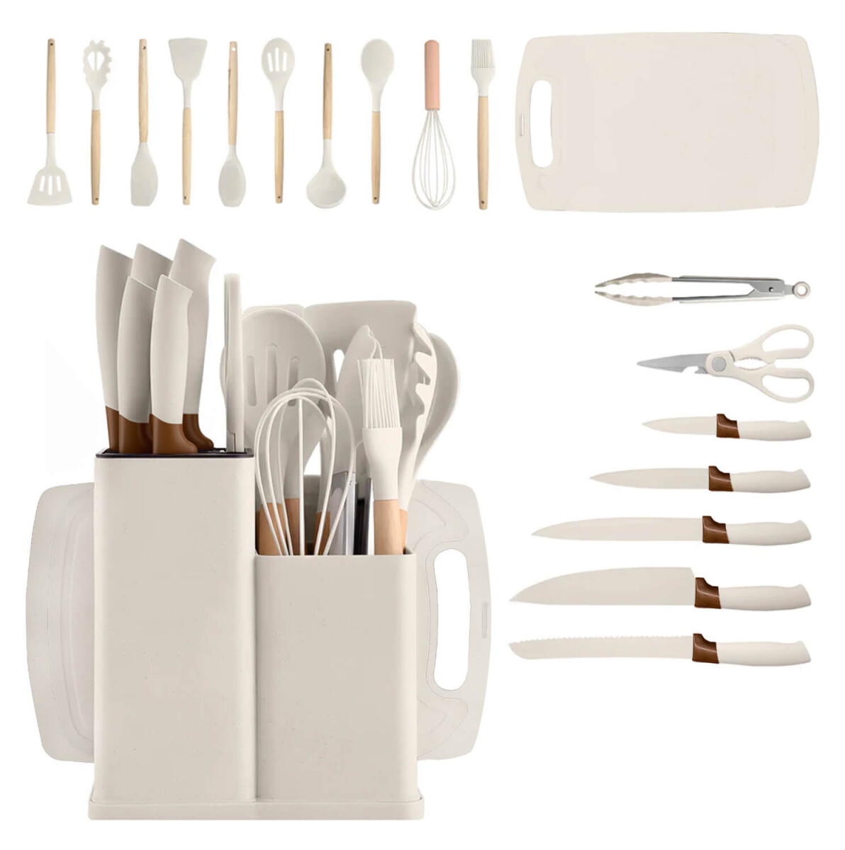 Set de 19 Utensilios para Cocina Silicona Antiadherente IMBACK Beige 