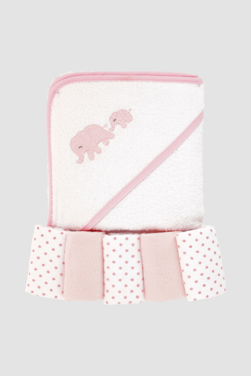 Toalla con capucha + 5 babitas bebe elefante Rosado