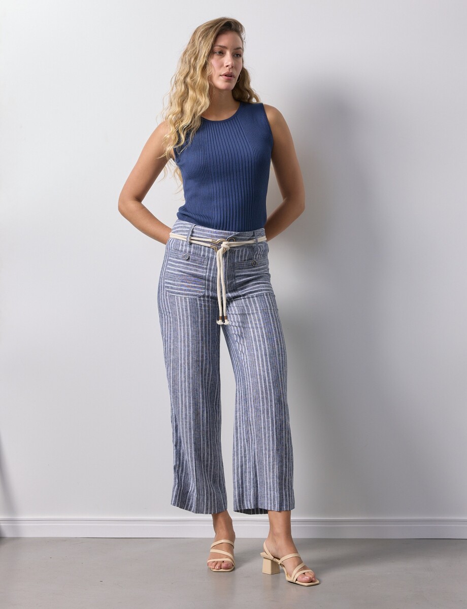 Pantalon Lino Cinto - Azul/blanco 