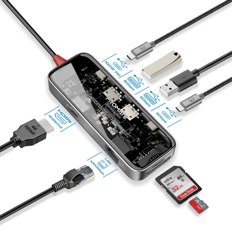 Hub Promate USB-C 8 in 1 100W Power Delivery Hub Promate USB-C 8 in 1 100W Power Delivery