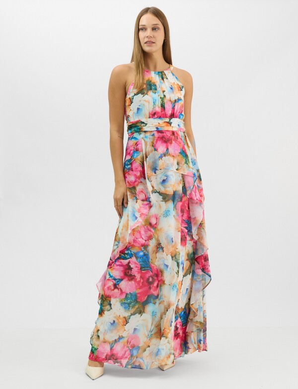 Vestido Largo Estampado Floral Con Cuello Halter MULTI/ROSA