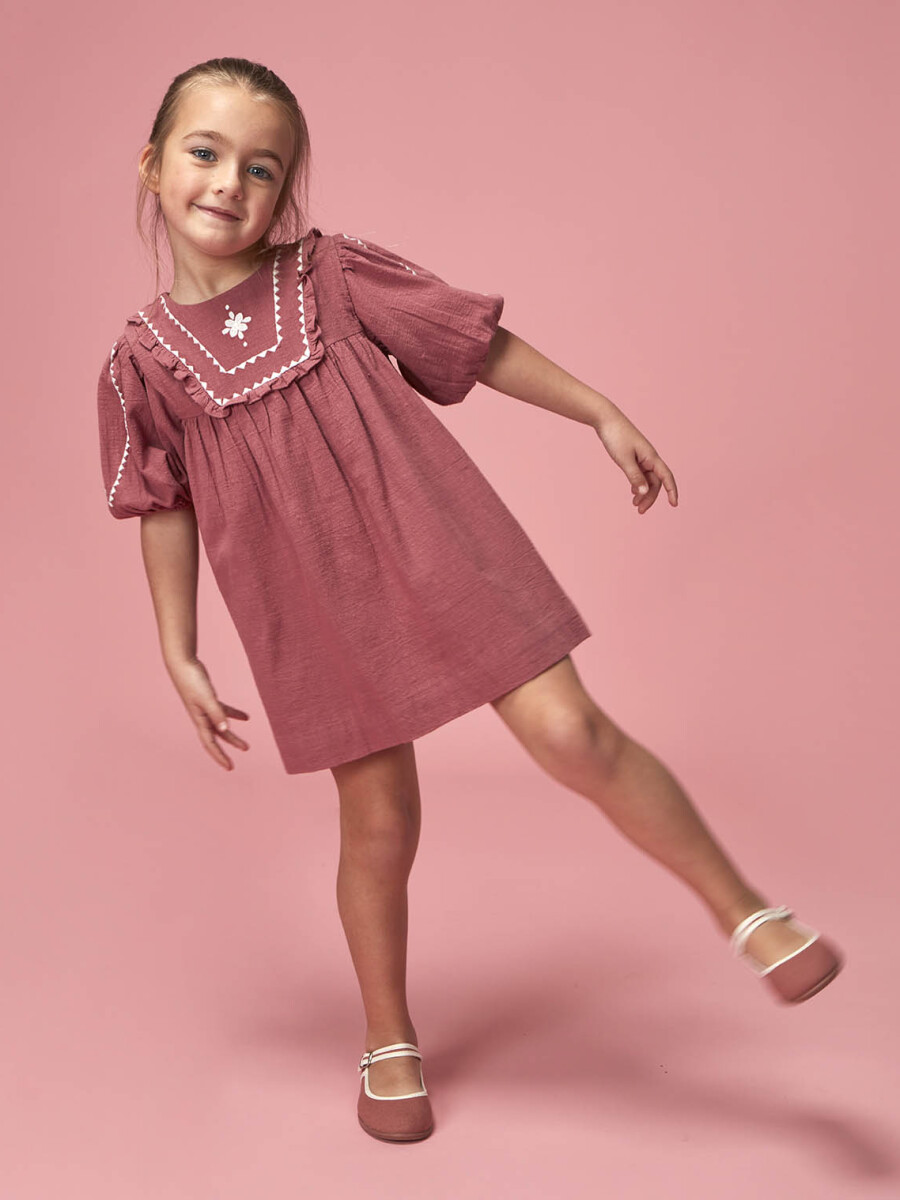 Vestido Manga Abullonada Con Bordados Berenjena