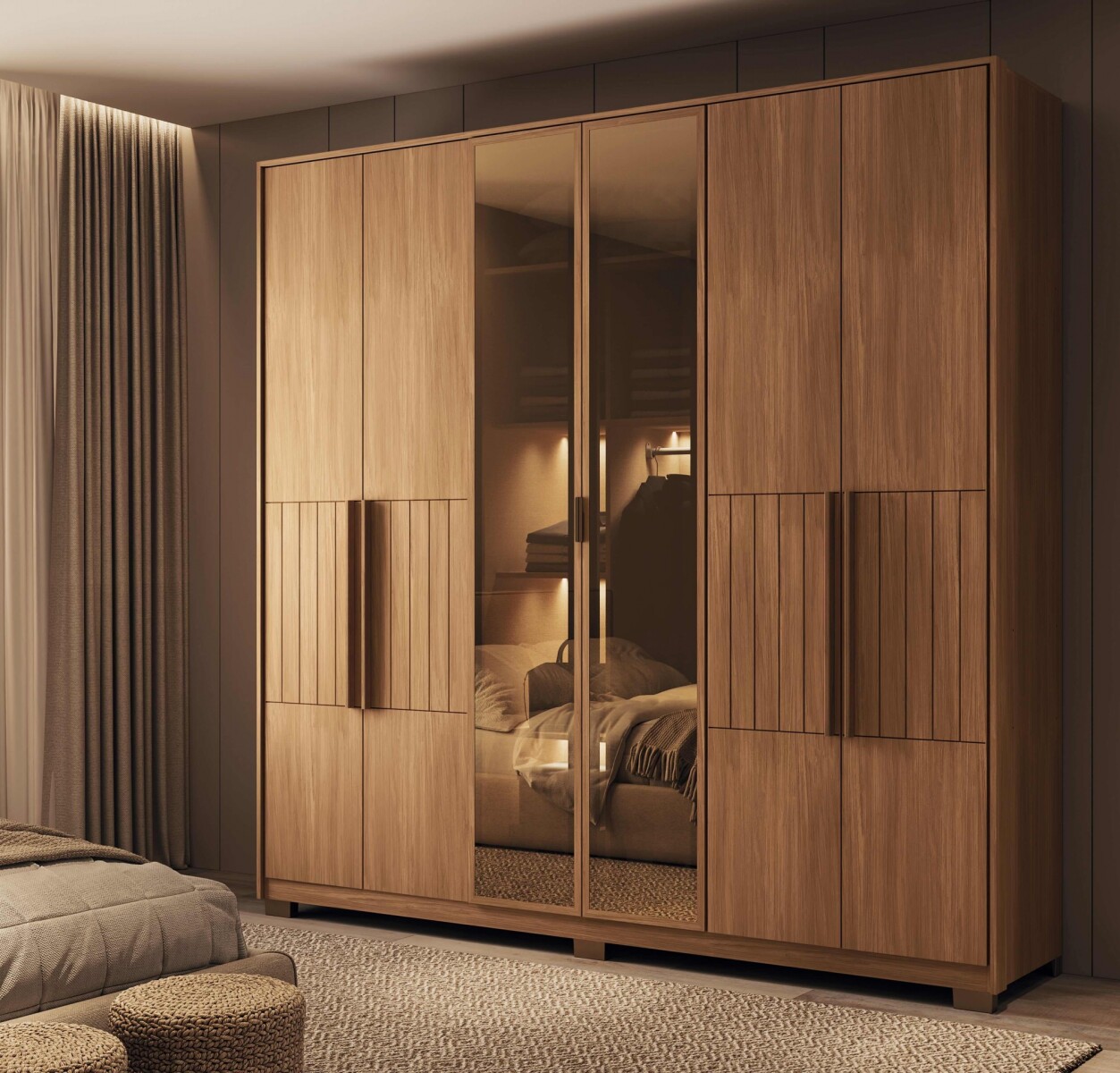 ROPERO TORONTO 6 PUERTAS 4 CAJONES INTERNOS GUARDARROPA ARMARIO CLOSET PLACARD CON VIDRIO Y LED 
