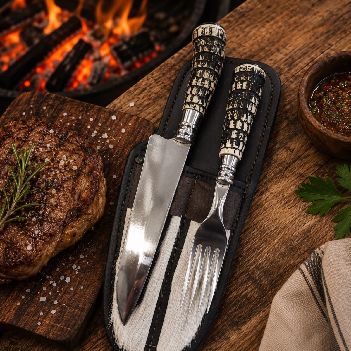 Set de Asado Artesanal - Cuchillo y Tenedor Parrillero Simil Tatu N°6 