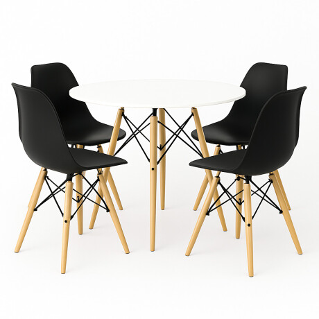 Juego de comedor Con Mesa Circular de 80cm + 4 Sillas Eames Negro/Blanco