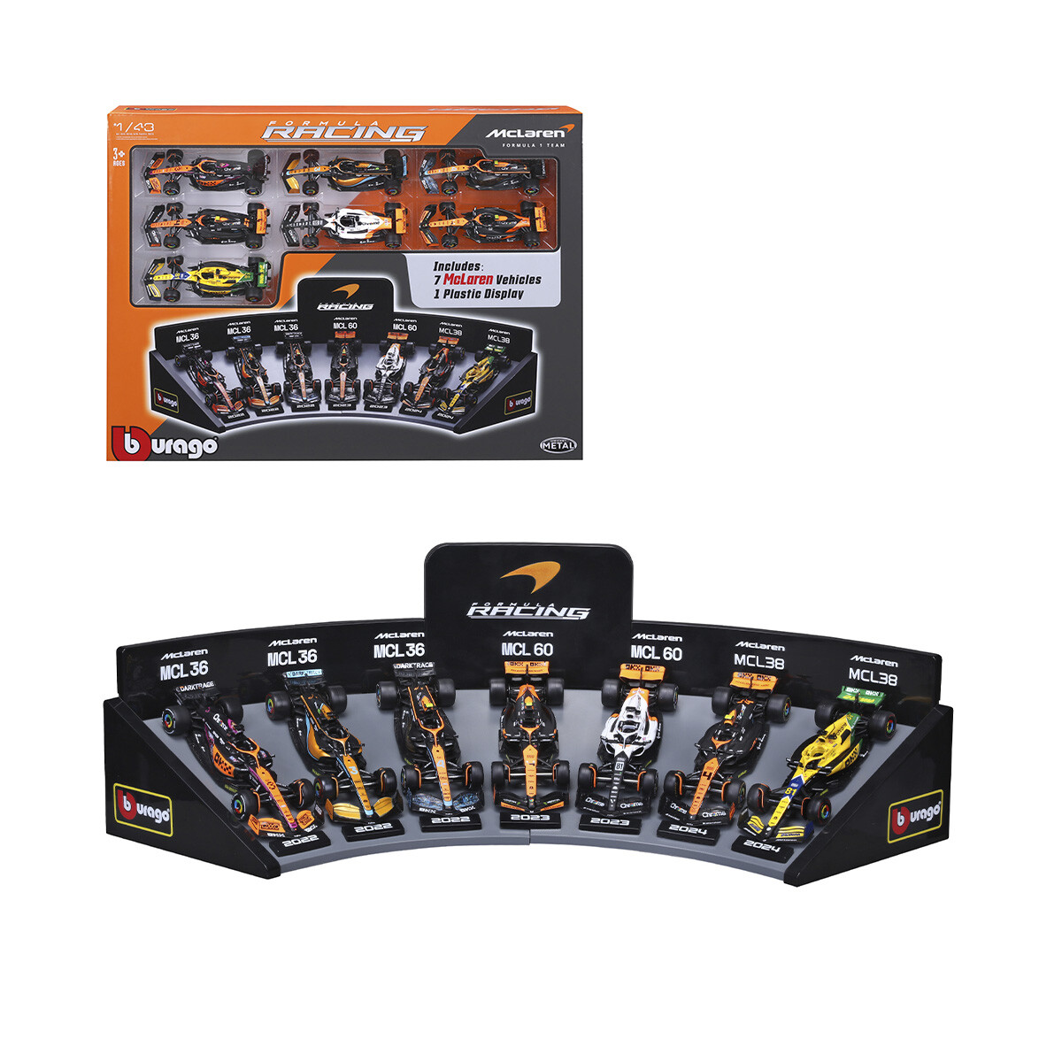 Set x 7 Autos McLaren con Exhibidor Formula 1 Bburago Escala 1:43 
