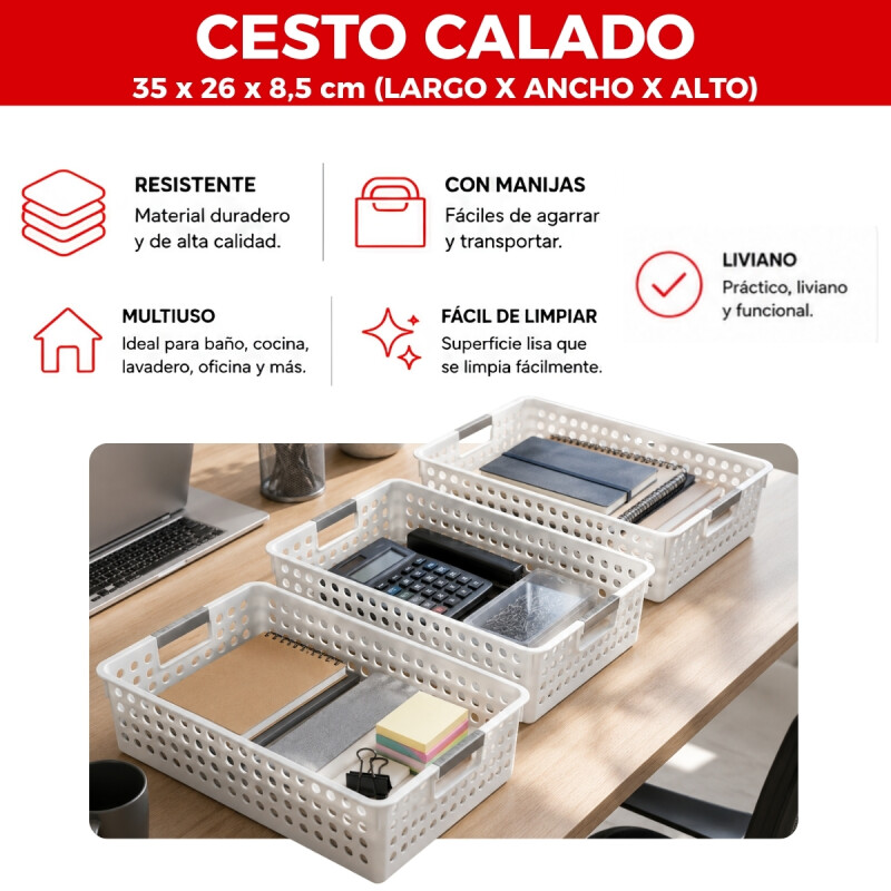 Cesto Organizador calado con asas 35 x 26 x 8.5 cm BLANCO