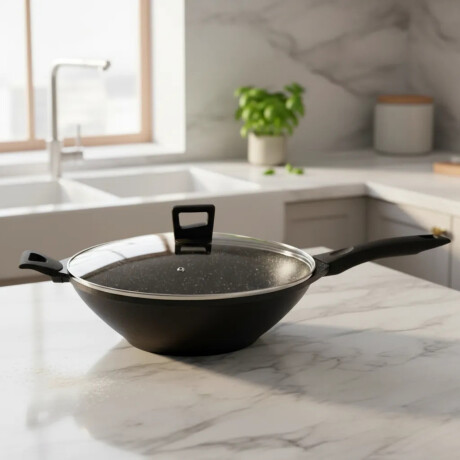 Wok con tapa de vidrio Comet Nuova de 32cm Negro