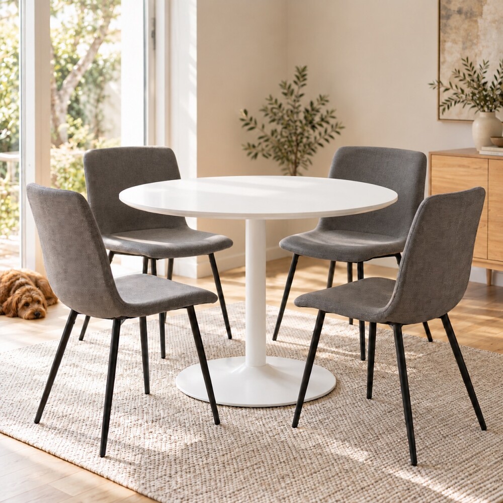 JUEGO DE COMEDOR MESA REDONDA BLANCA CON BASE CENTRAL CIRCULAR + 4 SILLAS TAPIZADAS SILLAS GRIS