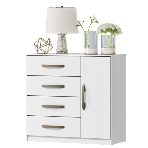 Cómoda Cajonera para Dormitorio de 4 Cajones y 1 Puerta en MDP - Blanco Cómoda Cajonera para Dormitorio de 4 Cajones y 1 Puerta en MDP - Blanco