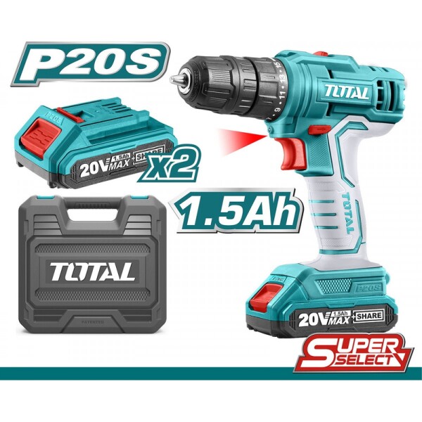 Taladro Atornillador Percutor 20V + 2 Baterías 2Ah 10mm Total Taladro Atornillador Percutor 20V + 2 Baterías 2Ah 10mm Total