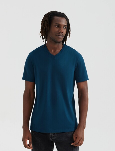 CAMISETA BÁSICA MANGA CORTA CUELLO EN V AZUL