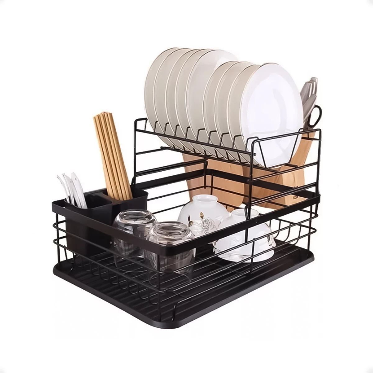 Escurridor de Platos Vasos Cubiertos Copas Doble Compartimento de Color Negro 