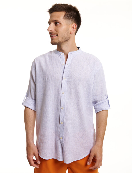 Camisa m/l lino rayas azul