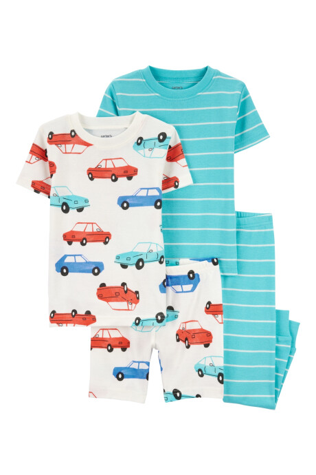 Pijama cuatro piezas de algodón, dos remeras, short y pantalón, diseño autos Sin color