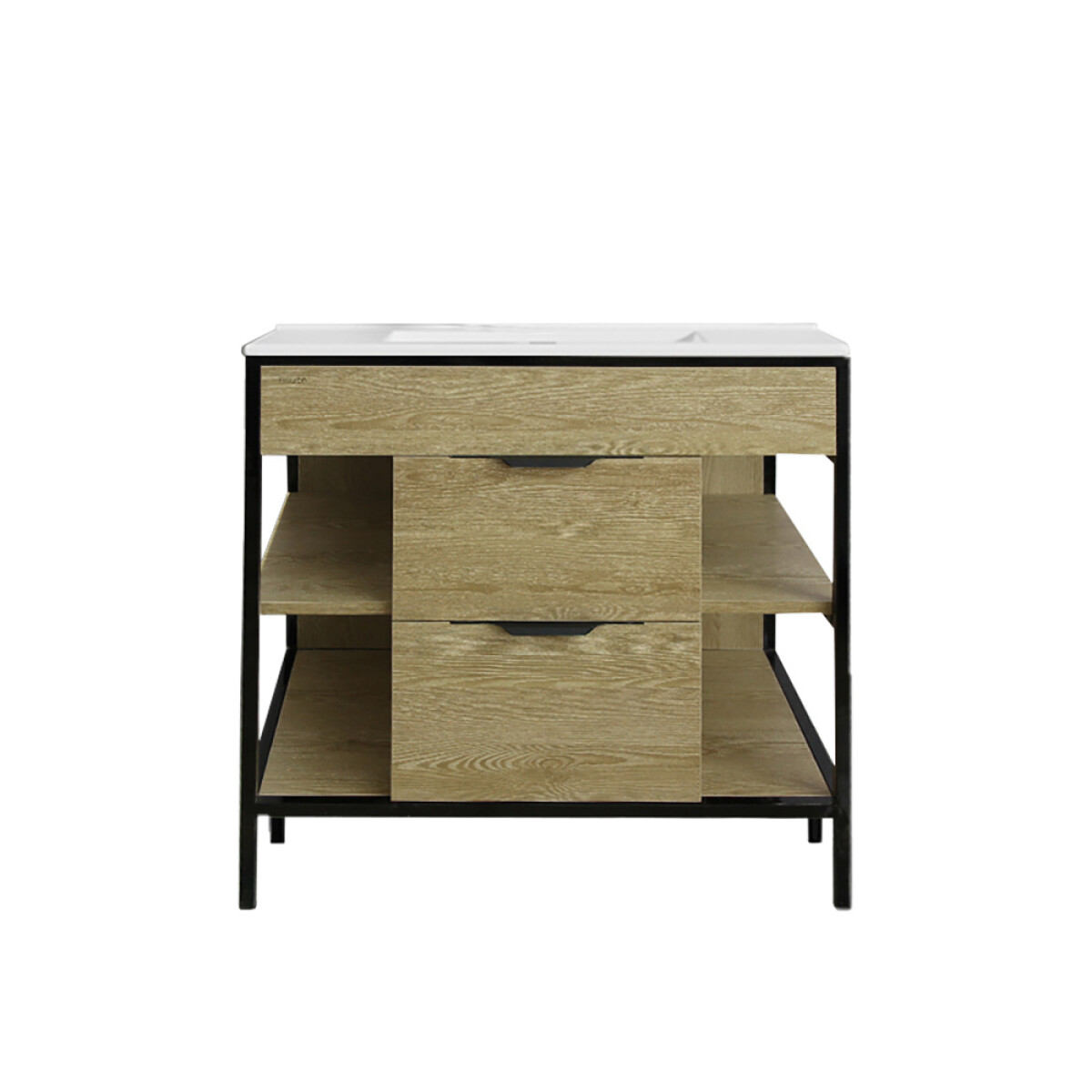 Mueble De Baño 2 Cajones Y Estantes Vanity Marrón Con Bacha Blanca 