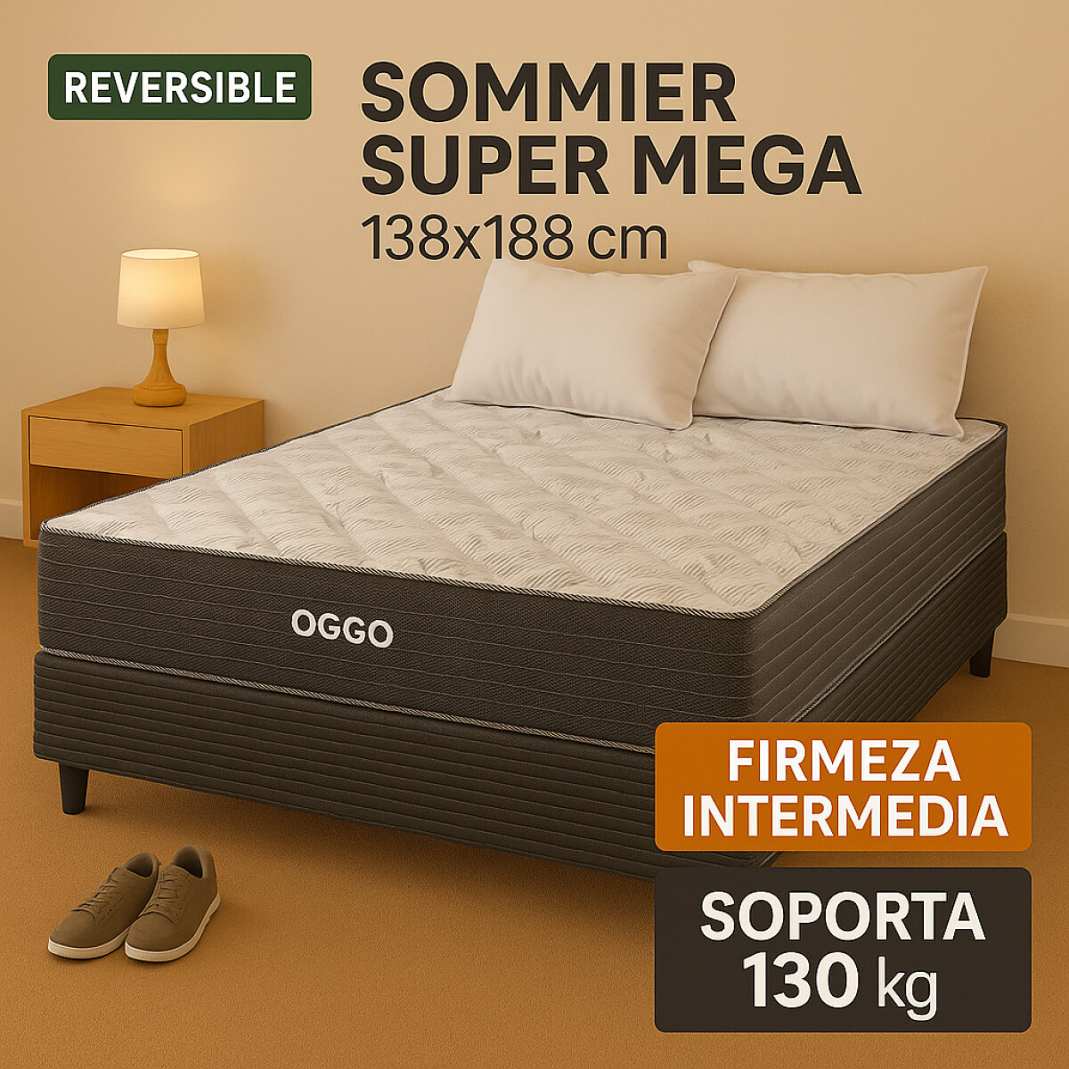 Sommier SUPER MEGA - 2 Plazas - Espuma - Reversible - 138x188x16 cm - 130 Kg 