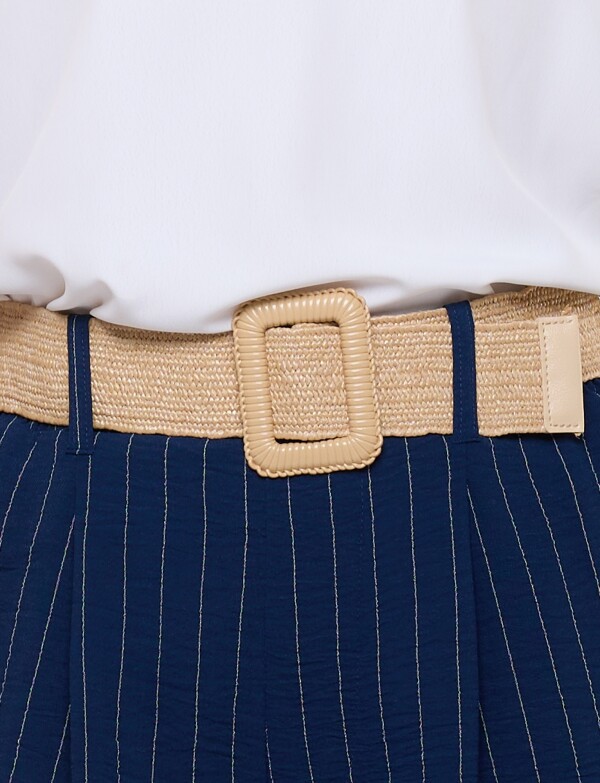 Pantalon Wide Leg Rayado Con Cinturón De Rafia AZUL