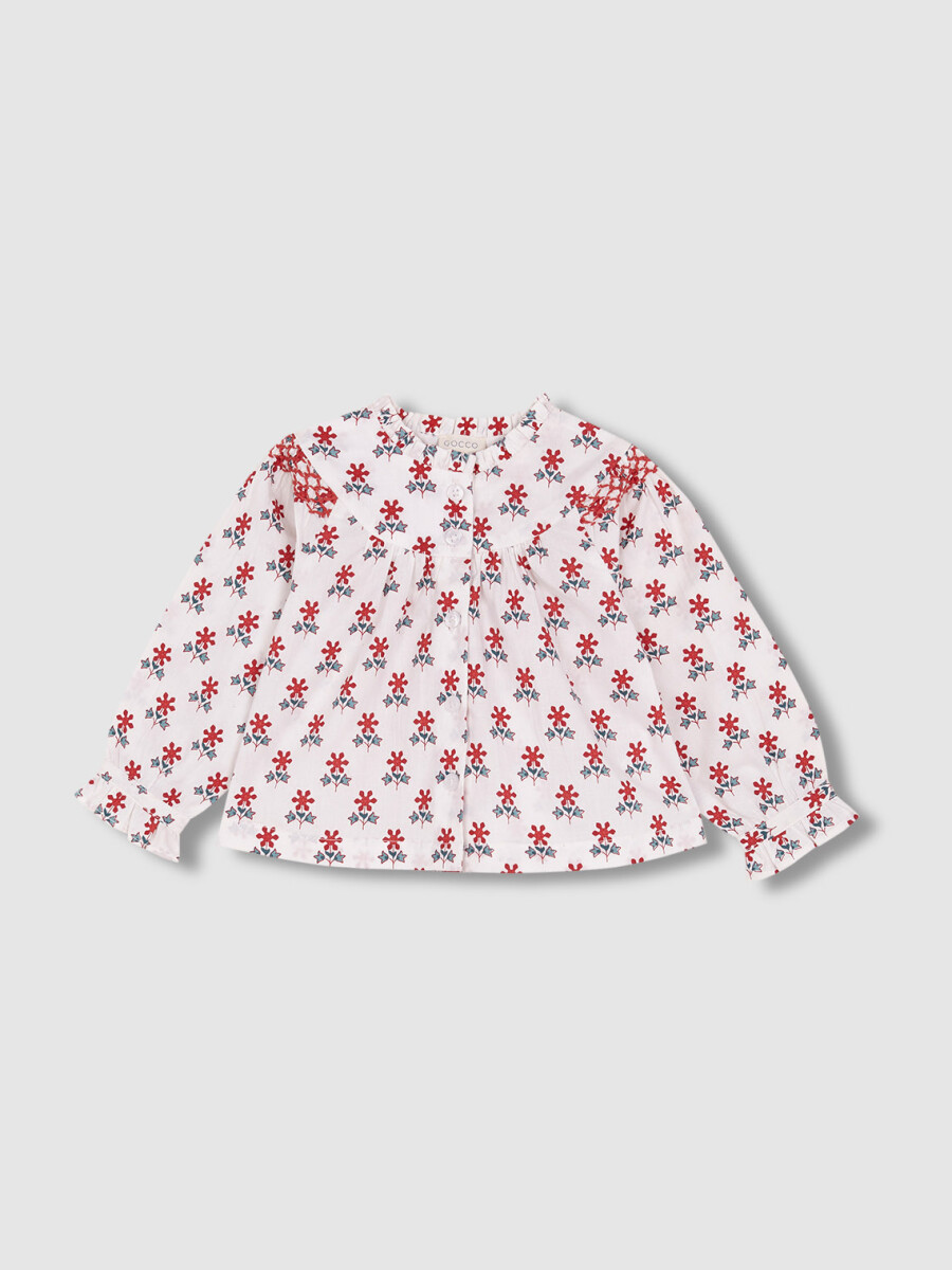 Camisa Estampada Con Bordado En Hombro Blanco Roto