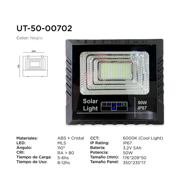 Foco Solar Reflector Led 50w Panel Exterior Jardin Luz Fria Variante Color Negro