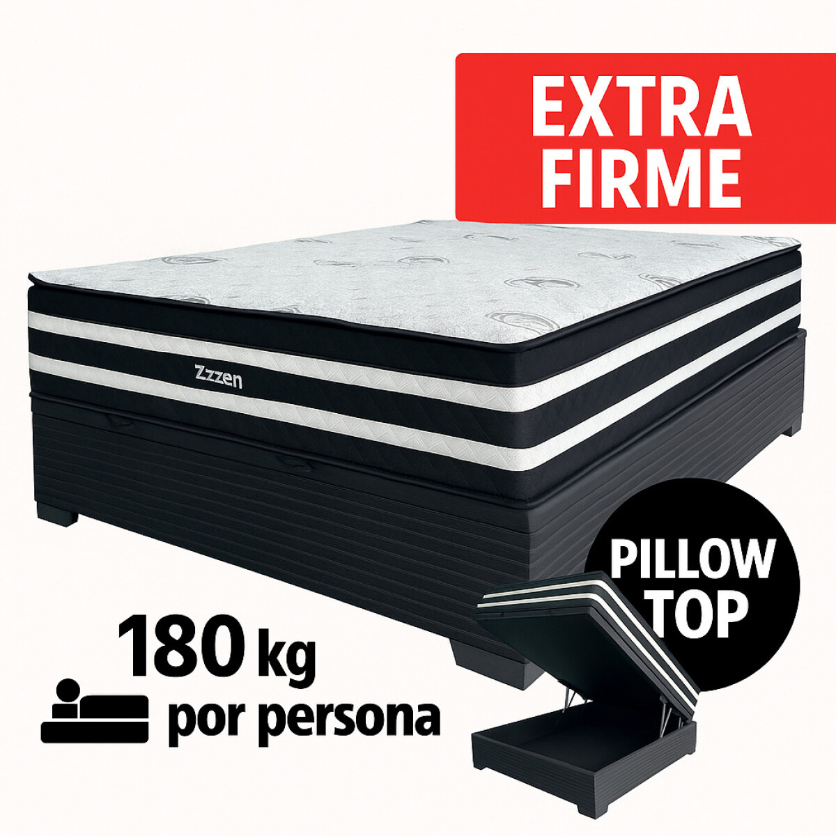 Sommier ZZZEN BOX BAÚL - 2 Plazas - Espuma EPS Y Pillow Top - EXTRA FIRME - 138x188x72 - 180 Kg 