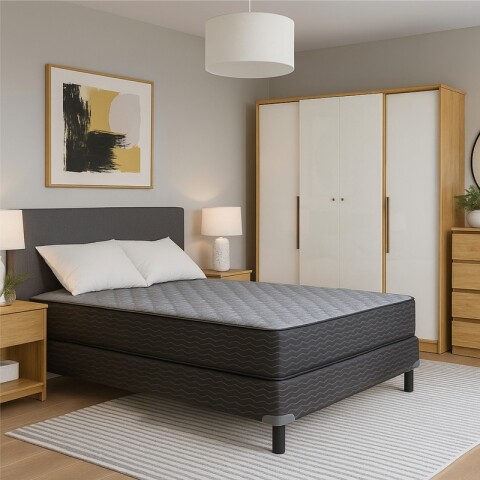 Juego de Dormitorio Sommier Zafiro Black 2 Plazas Ropero Mónaco 4 Puertas y Cómoda Carla 4 Cajones Juego de Dormitorio Sommier Zafiro Black 2 Plazas Ropero Mónaco 4 Puertas y Cómoda Carla 4 Cajones