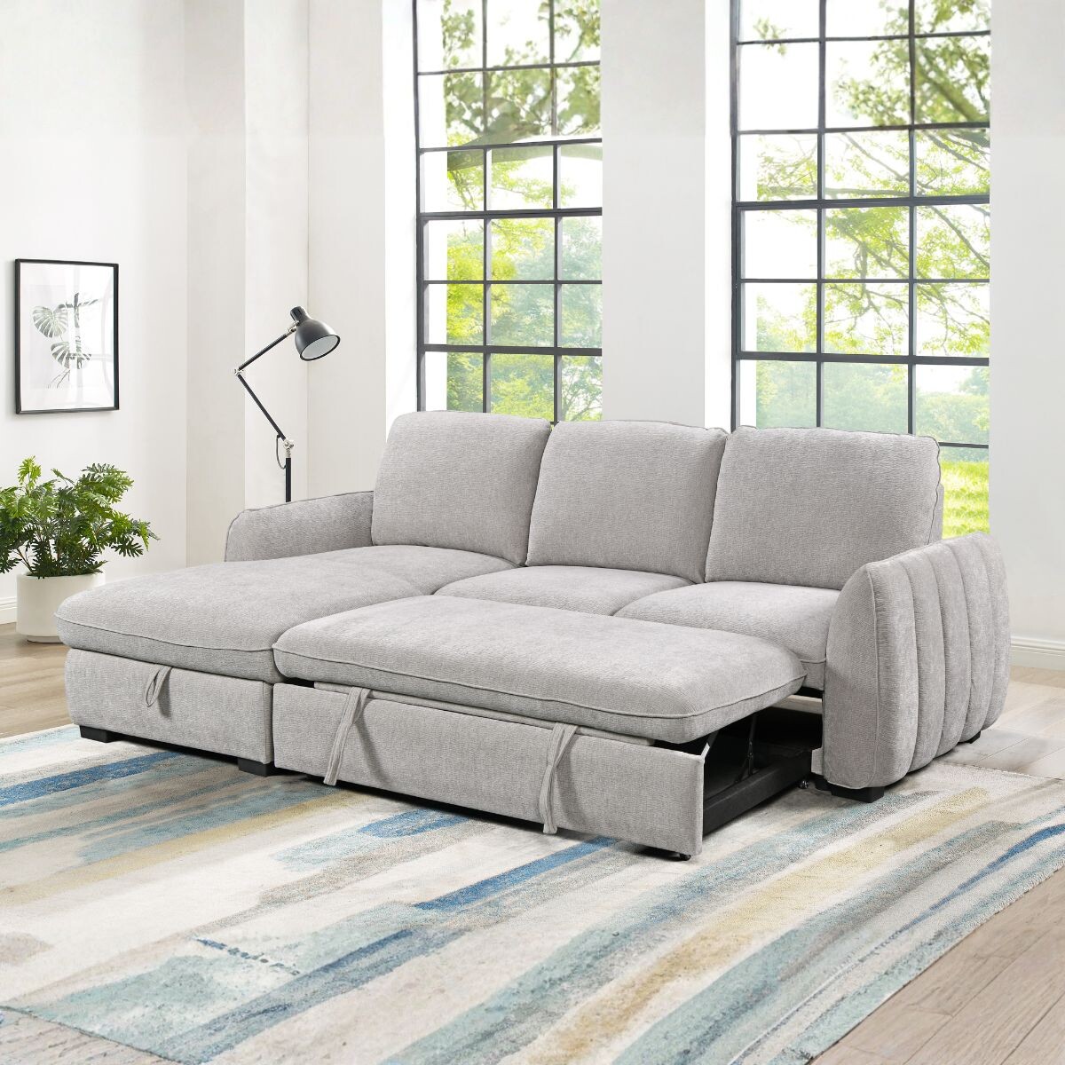 Rinconera Cama Thesi (C/Baúl) - Tela Microfibra - Chaise izquierdo - City 451 (Gris) 
