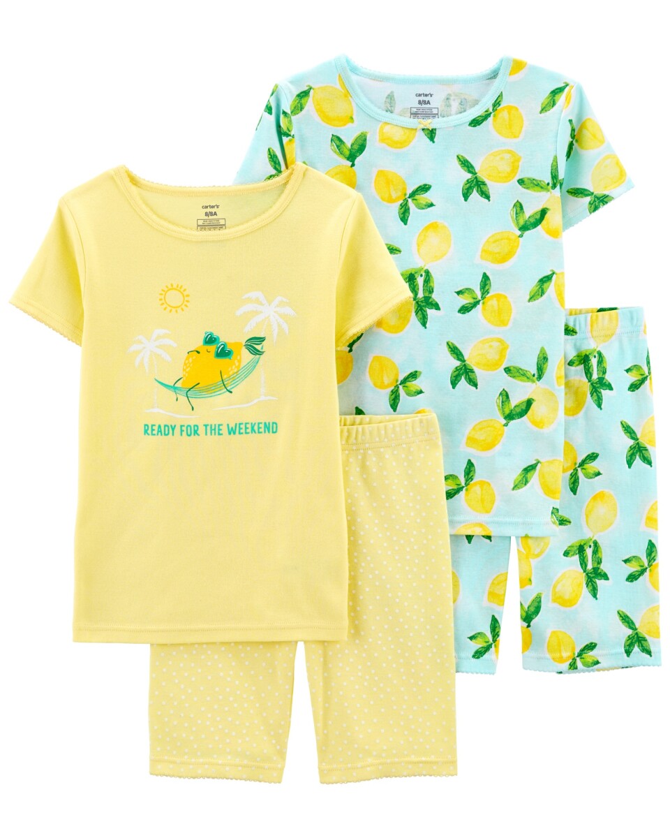 Pijama cuatro piezas de algodón dos remeras y dos bermudas, diseños limones 