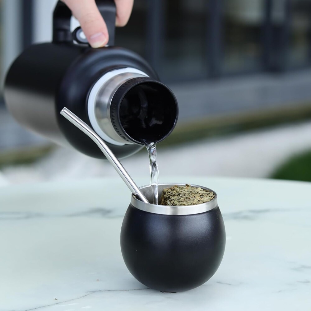 Set De Termo + Mate + Bombilla 1 Litro Acero Negro