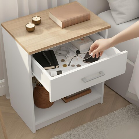 Mesa de Luz Italia - 1 Cajón y Nicho - MDP y ABS - 55cm Alto - Blanco / Miel Mesa de Luz Italia - 1 Cajón y Nicho - MDP y ABS - 55cm Alto - Blanco / Miel