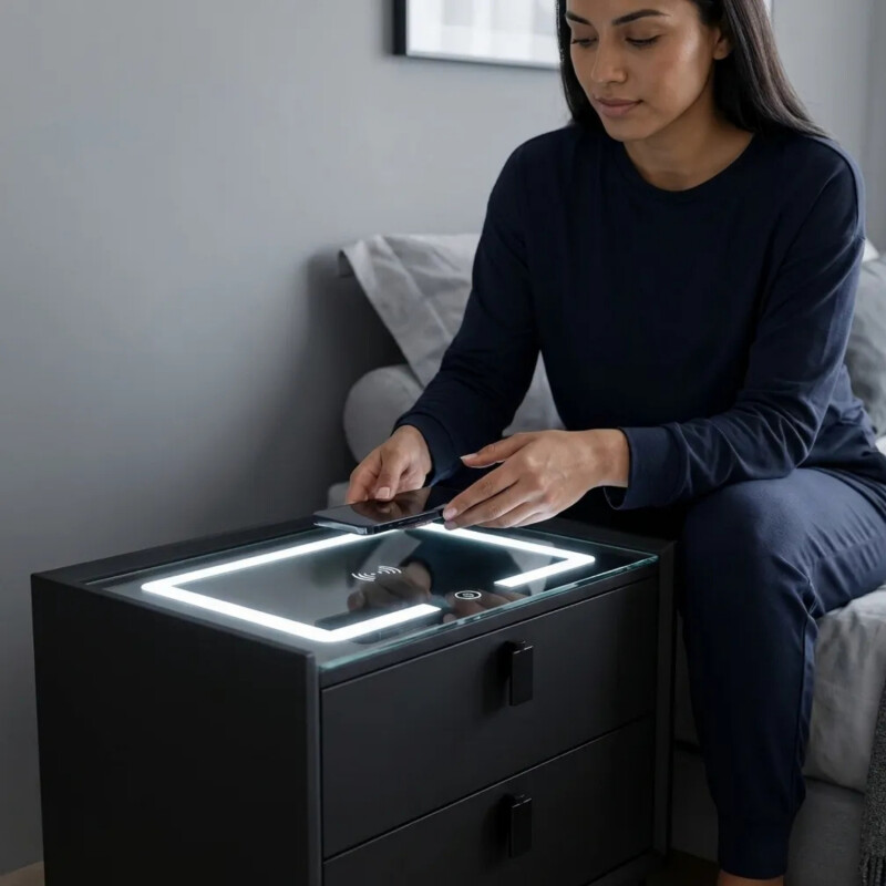 Mesa De Luz Inteligente C/Cargador Inalám Y Luz Led Negro