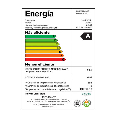 HELADERA JAMES 259-LITROS BLANCO RJ 27 MB