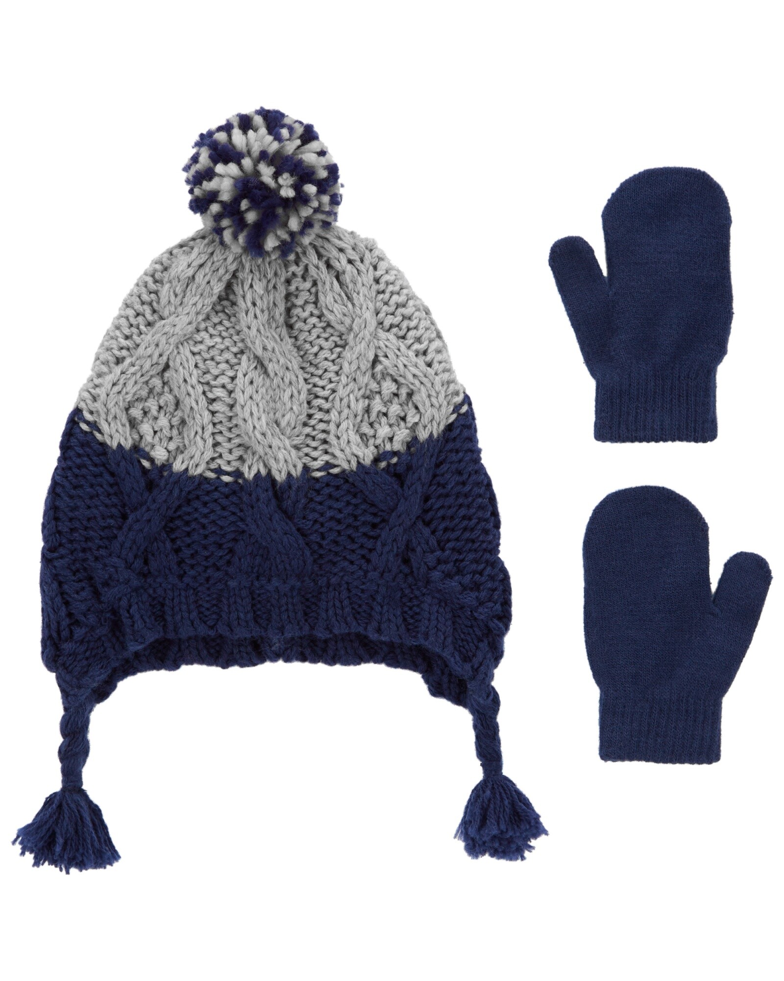 Gorro con pom pom y mitones, azules Sin color